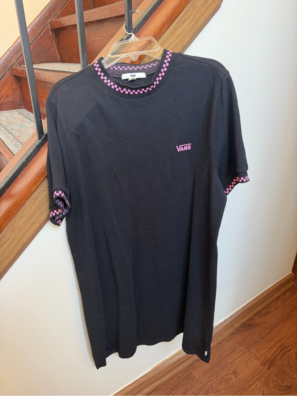 Vans Women’s Black Mini T-Shirt Dress with Pink Checker Trim